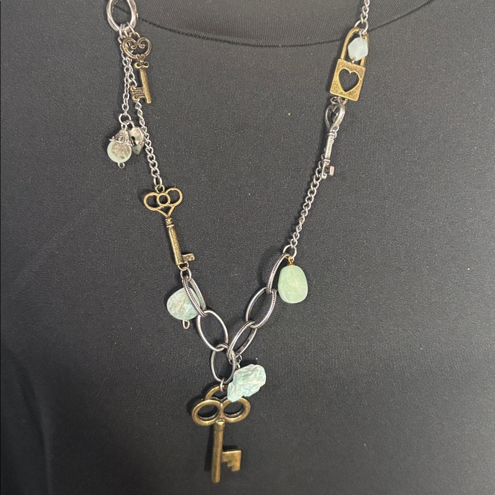 Genuine Amazonite Multi-Metal Lock and Key Necklace